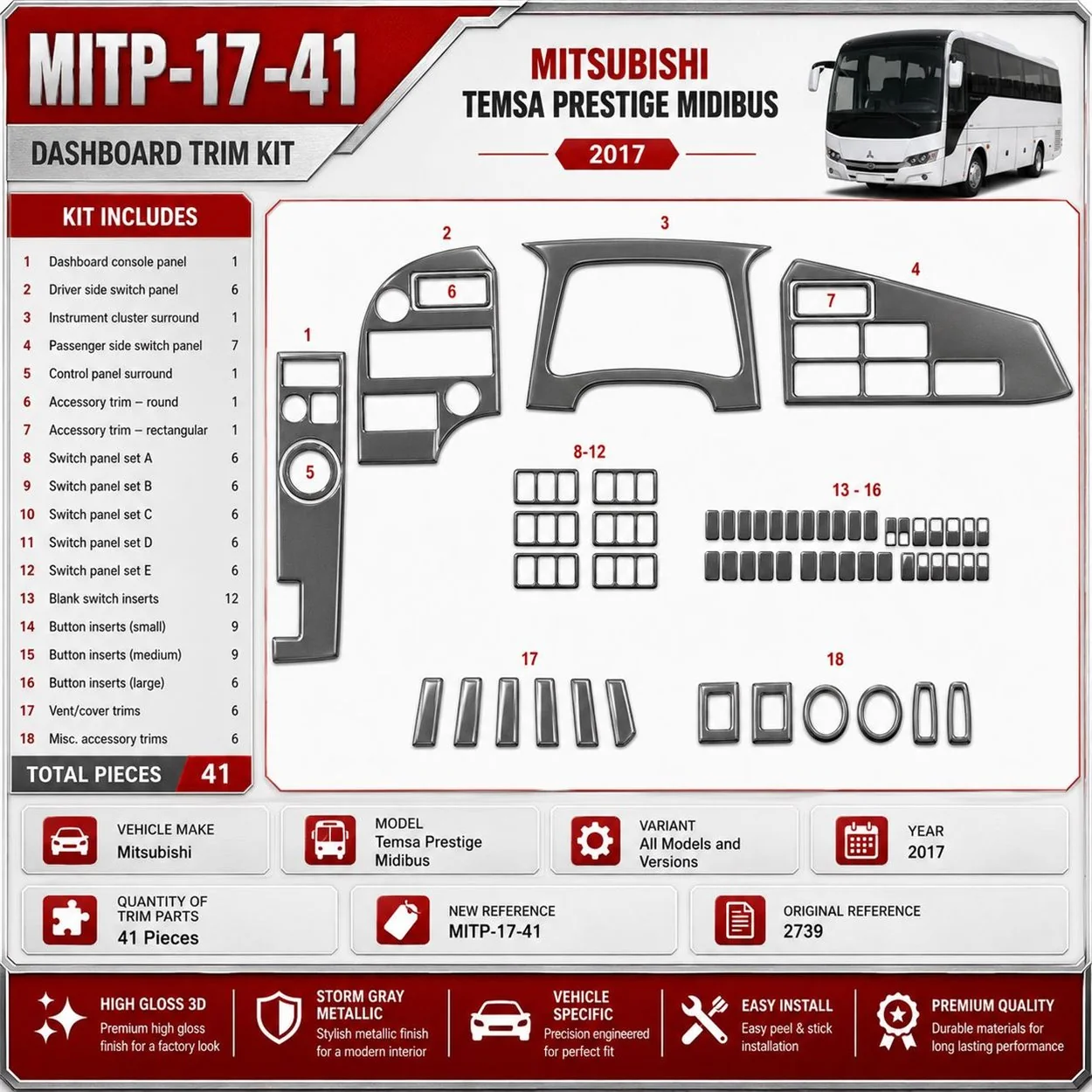 Kit decorativo per interni Mitsubishi Temsa Prestige Midibus, vista dei componenti